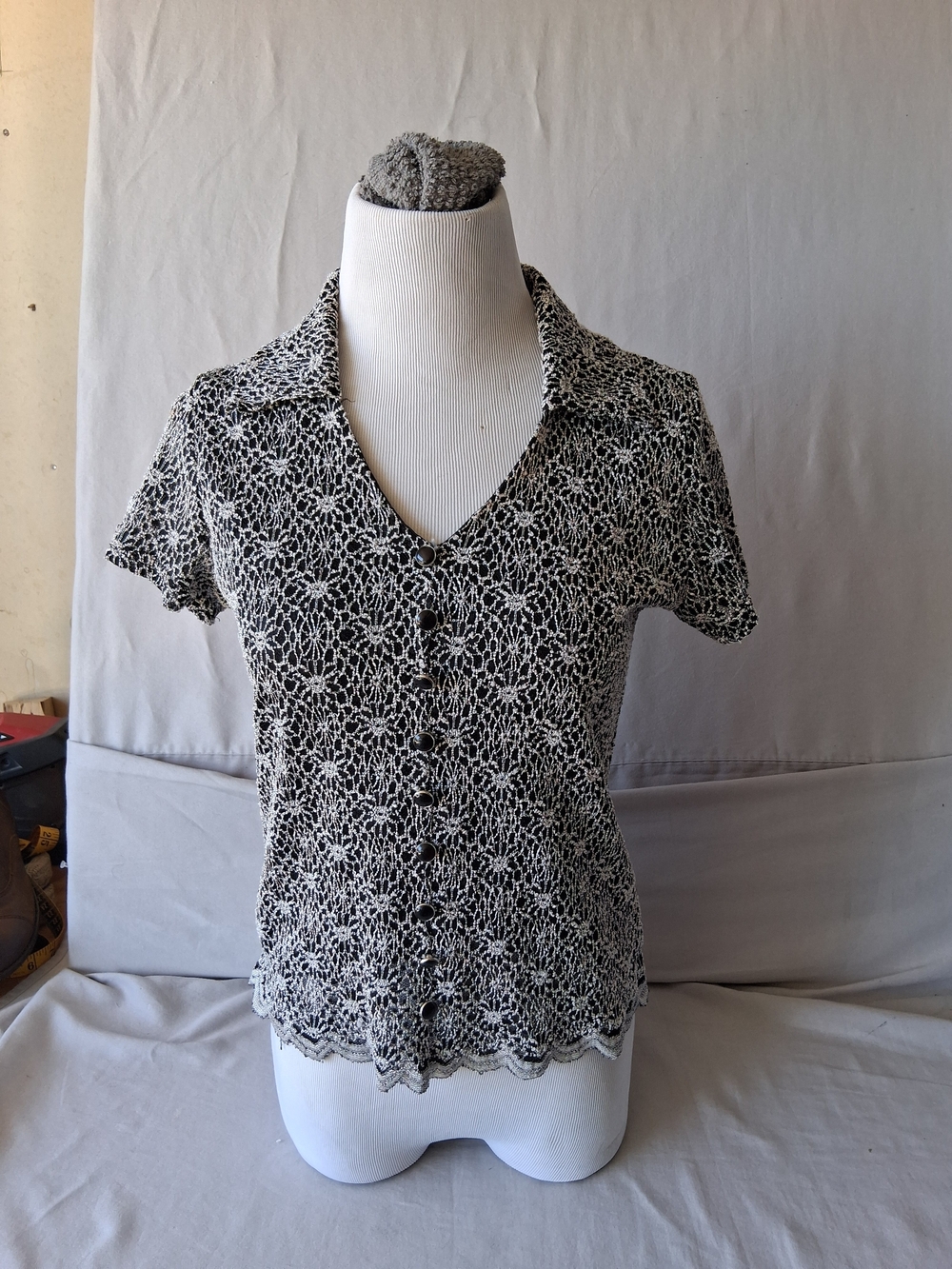 NICOLA Black and White Lace-Pattern Button-Down Short Sleeve Shirt